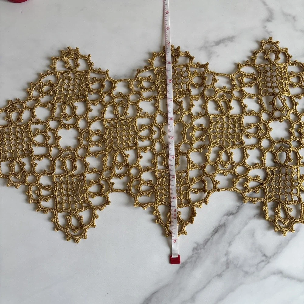 VTG Gold Metallic Crochet Lace Table Runner Joined Motif Handmade Dresser Scarf